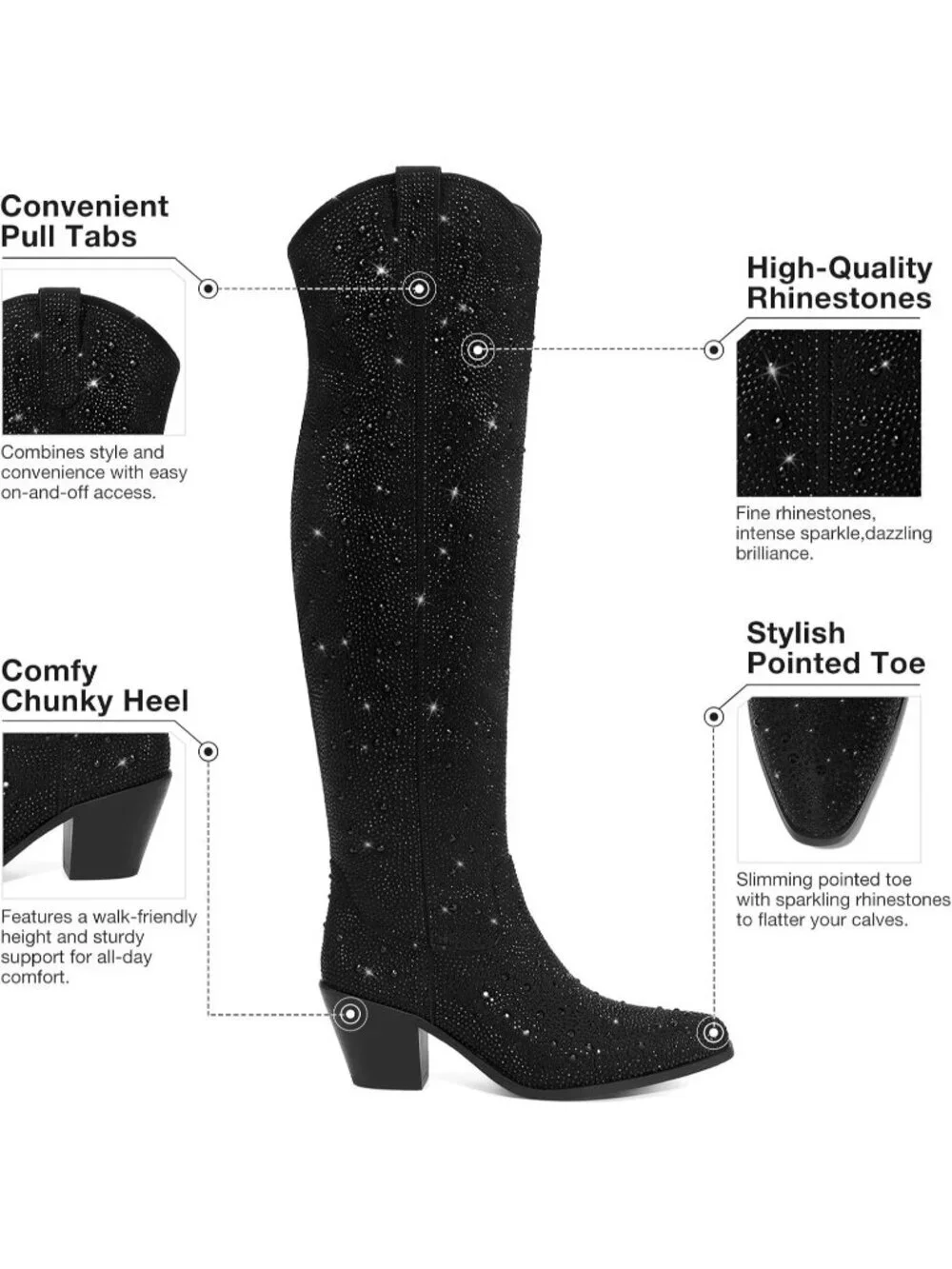 Women's Black Over Knee Pointed Toe Sparkly Chunky Heel Thigh High Boots